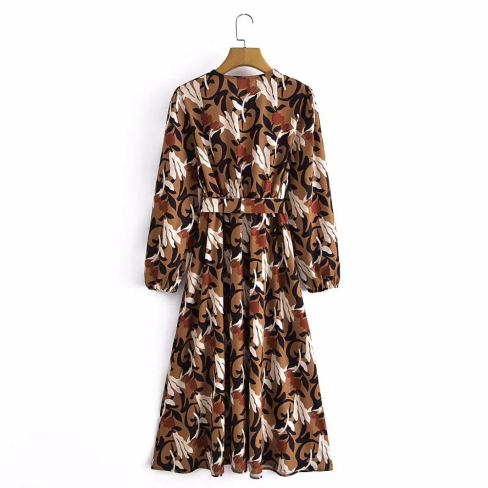 Spring Printed Long Dress with Collar and Tie Waist
